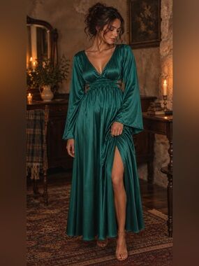 Justify Emerald Green Satin Maxi Dress with Smocked Waist and Thigh Slit